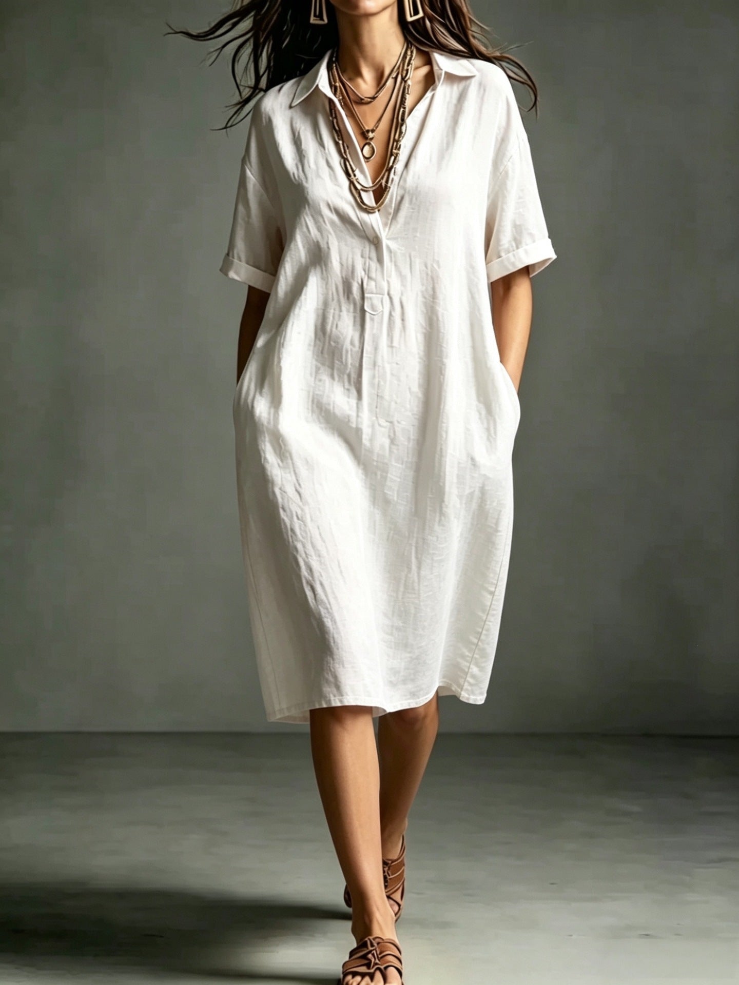 Ärmelloses V-Neck Kleid mit Taschen