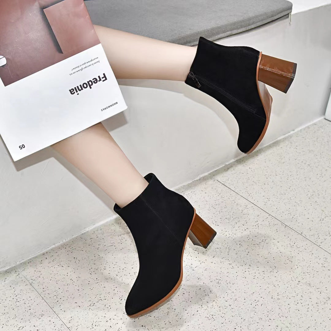 Spitzschuh mit Holzkorn-Optik Hochhackige Ankle Boots Schafleder