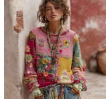Retro Patchwork Pullover mit floralem Print
