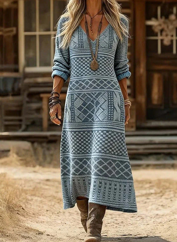 Langärmliges V-Ausschnitt-Kleid – Bild 3 | LuxeStyle