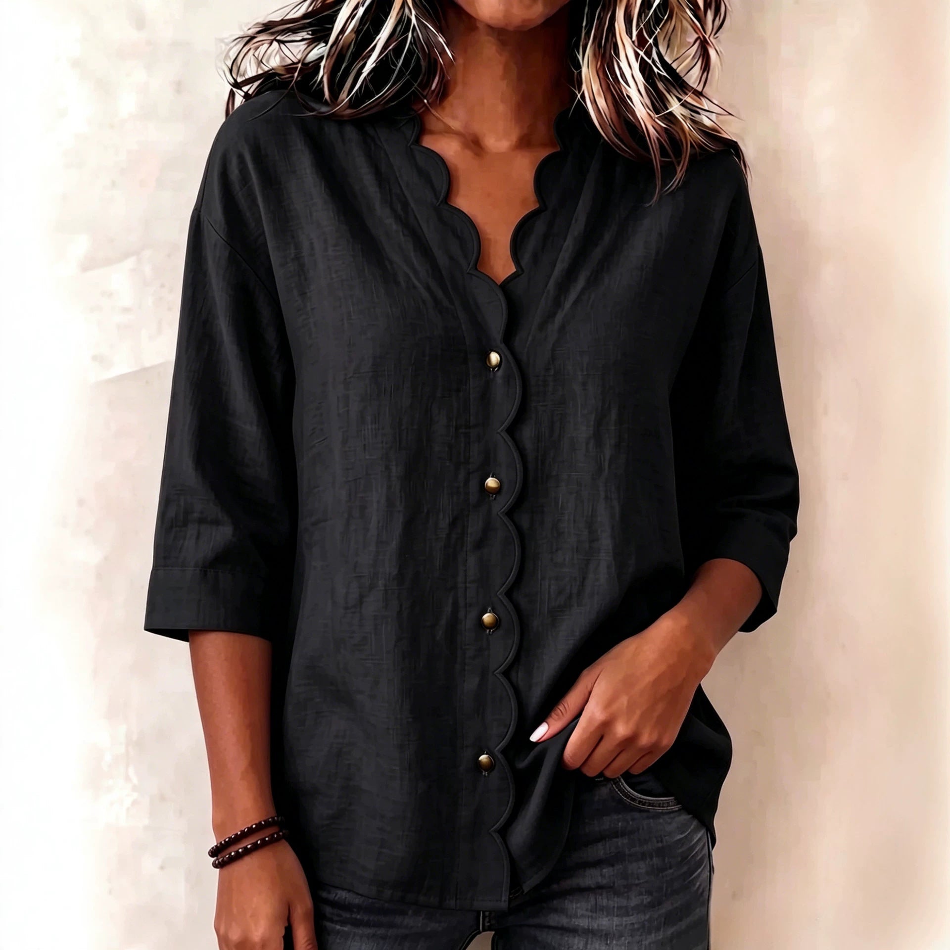 Elegante V-Neck Bluse mit Wellenspitze