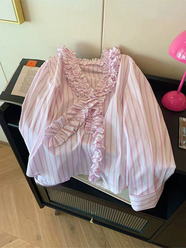 Gestreifte Bluse mit V-Ausschnitt – Bild 7 | LuxeStyle