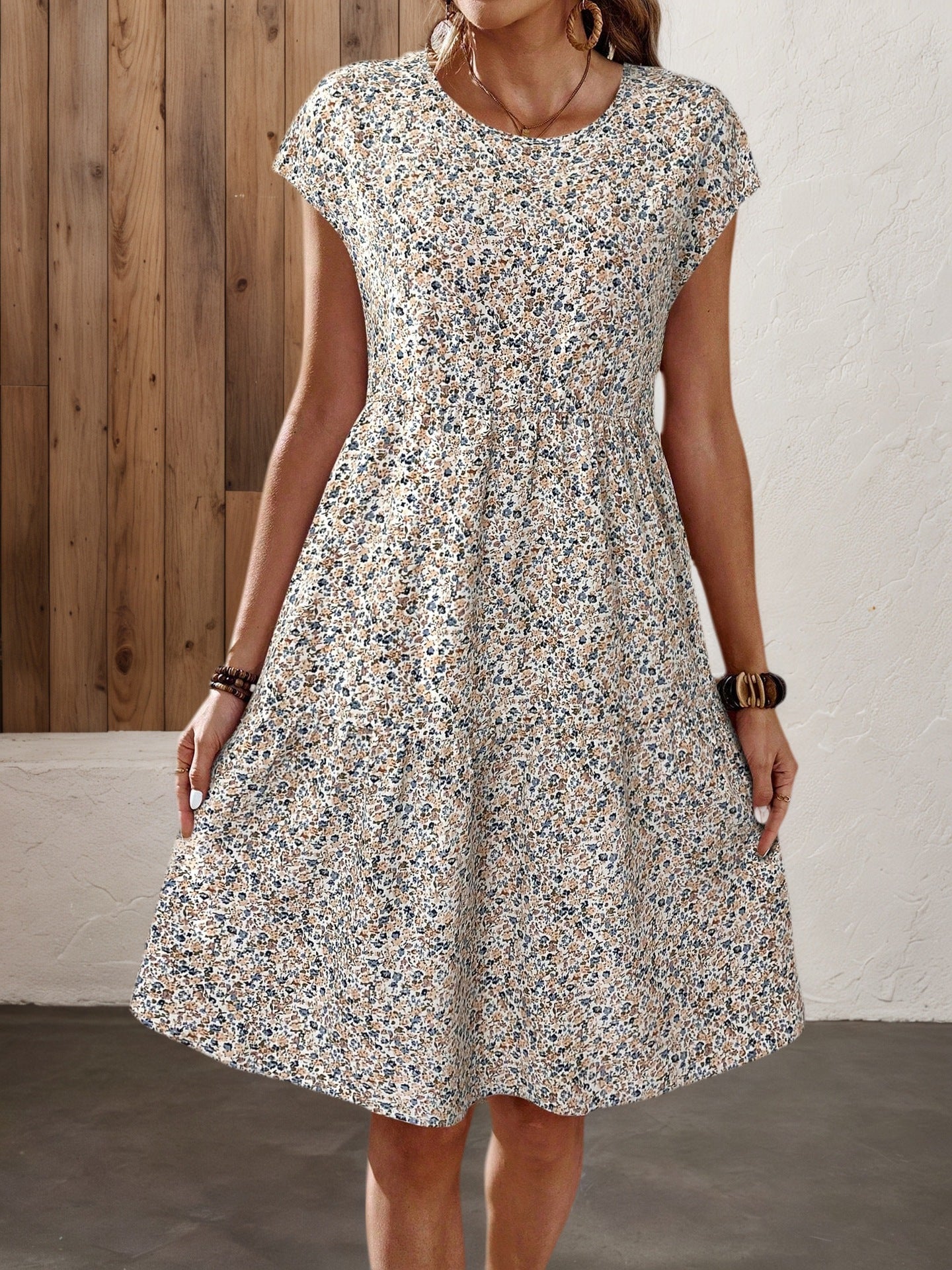 Rundhals Blumenprint Kleid Kurzarm