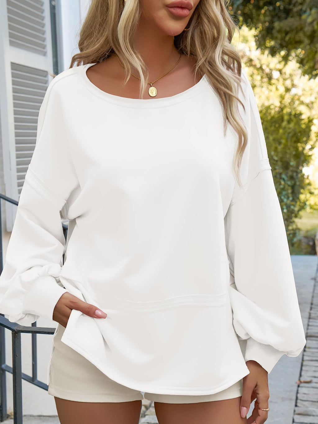 Fisoew Cropped Sweatshirt mit Laternenärmeln