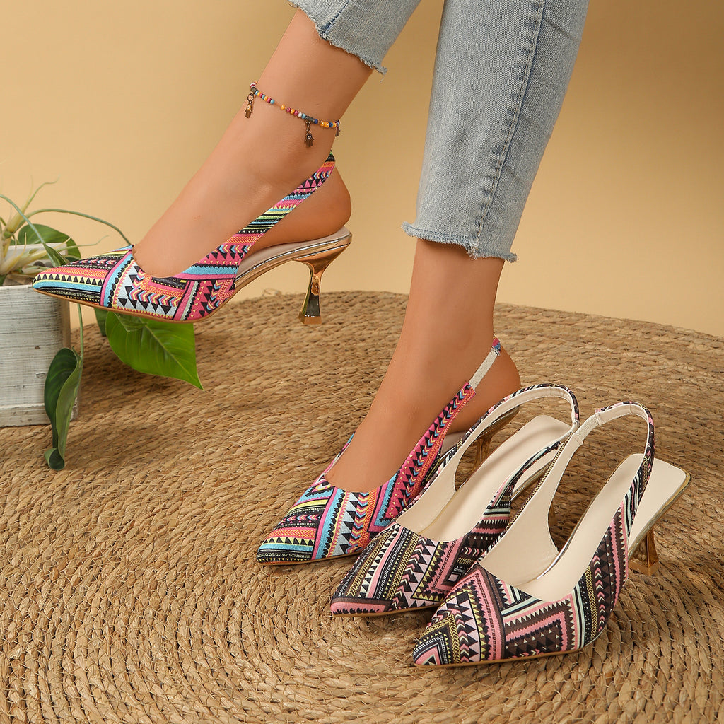 Boho Slingback Stiletto Sandalen mit Ethno-Muster