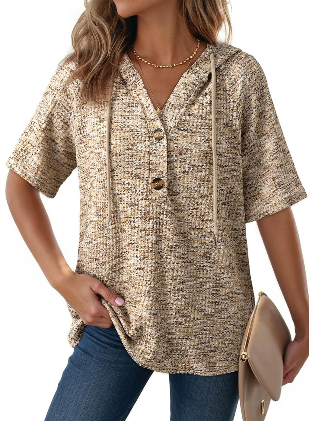 Waffle-Weave V-Neck Hoodie mit Knopfleiste