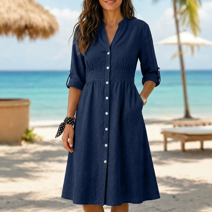 Langärmliges Leinen-Kleid mit Knopfleiste