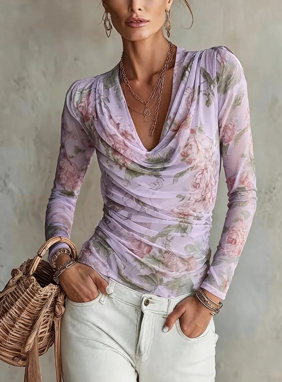 Chiffon-Top mit Blumenmuster und V-Ausschnitt