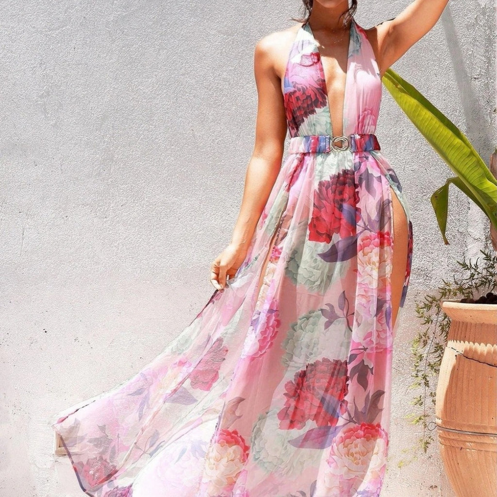 Geblümtes Neckholder-Kleid mit V-Ausschnitt – Bild 4 | LuxeStyle