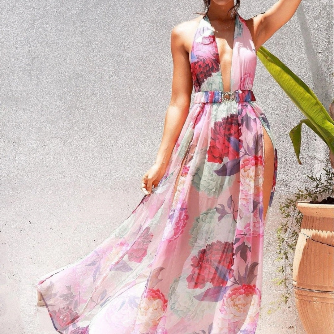 Geblümtes Neckholder-Kleid mit V-Ausschnitt – Bild 4 | LuxeStyle