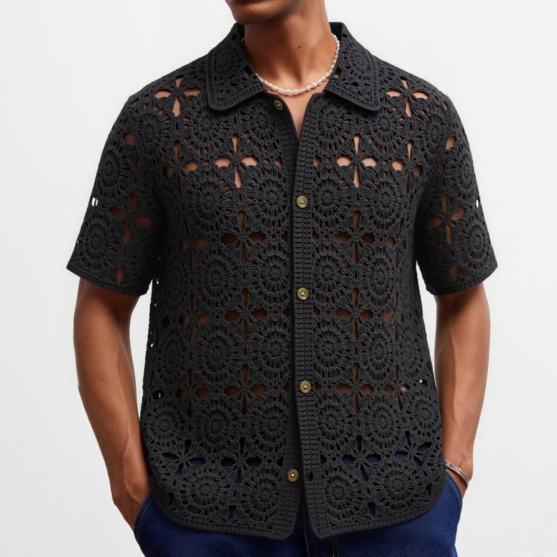 Herren Sommer Kurzarm-Crochet-Shirt
