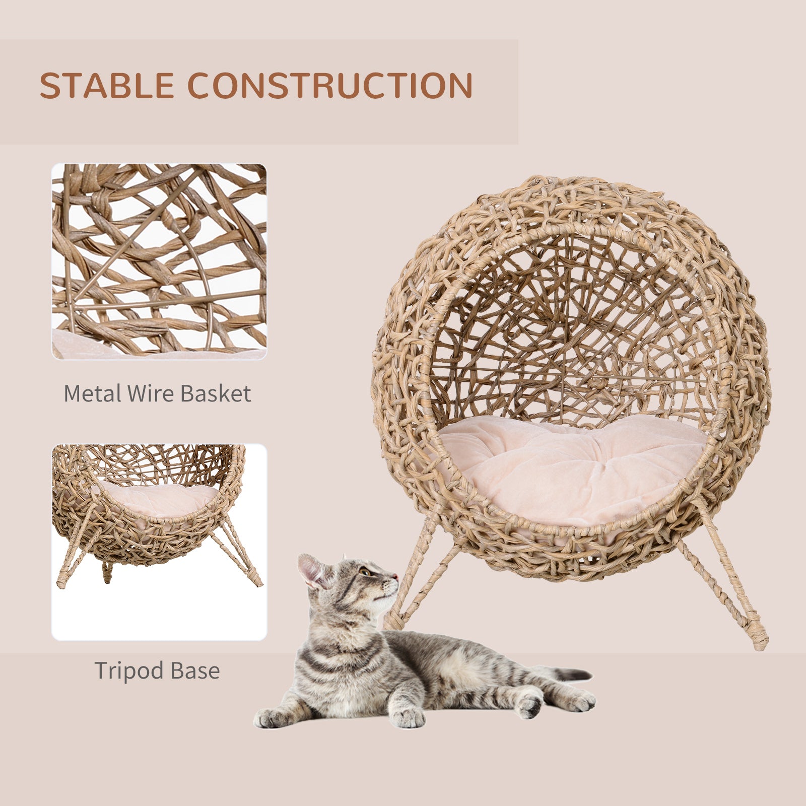 Elevierter Wicker-Katzenkorb mit Polster, Beige