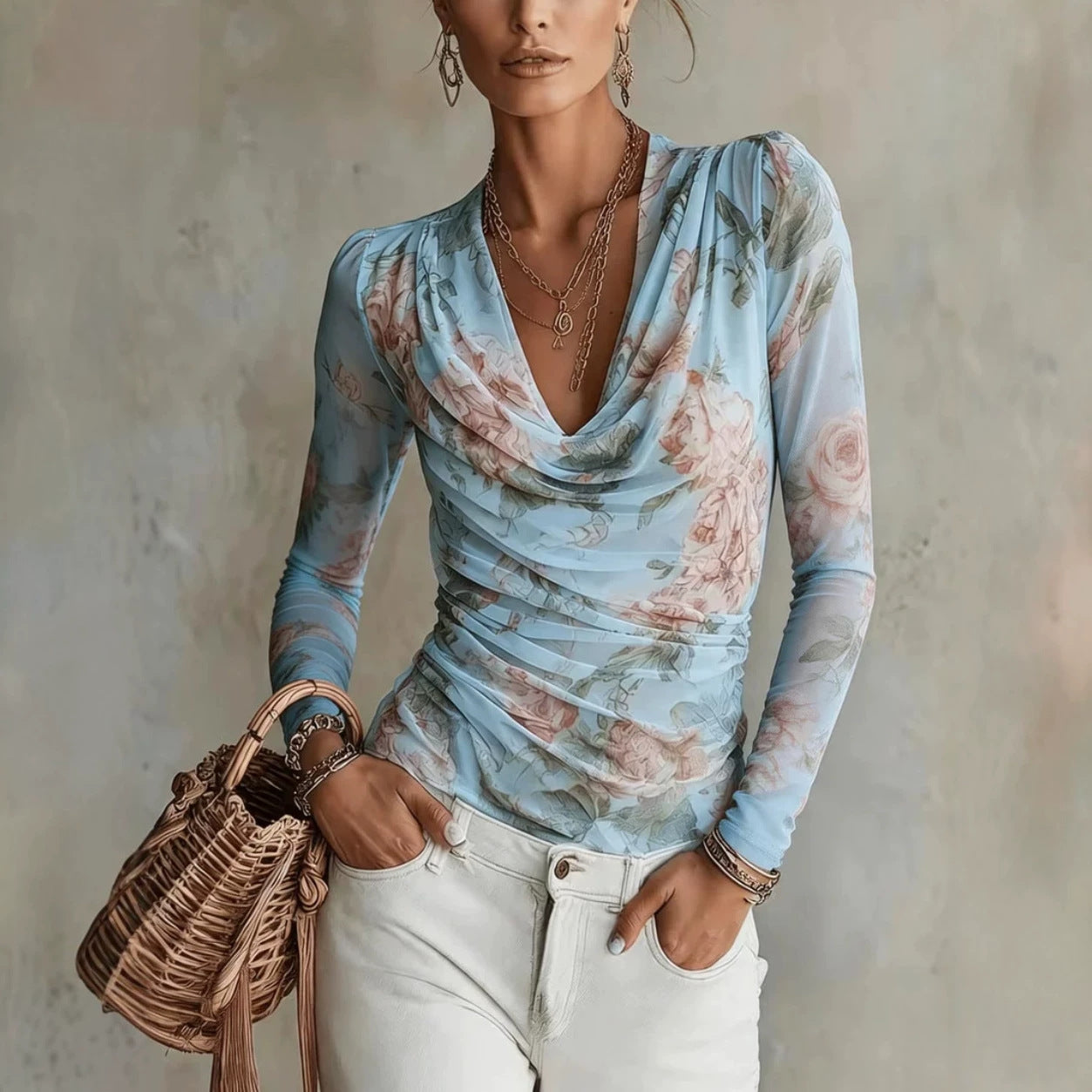Chiffon-Top mit Blumenmuster und V-Ausschnitt
