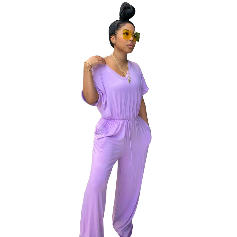 V-Ausschnitt Jumpsuit mit weitem Bein