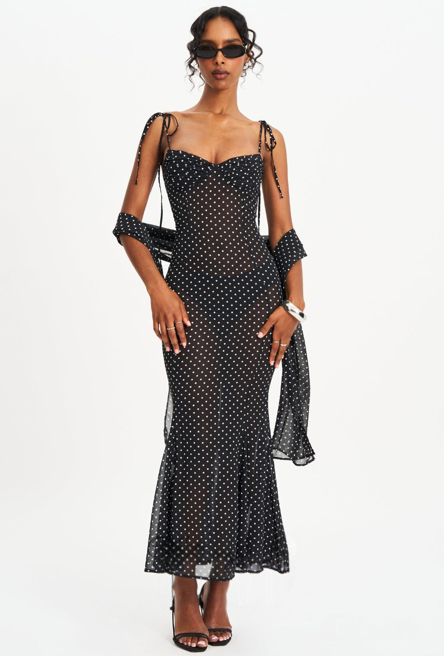 Polka-Dot A-Linienkleid mit Seidenschal-Detail – Bild 2 | LuxeStyle