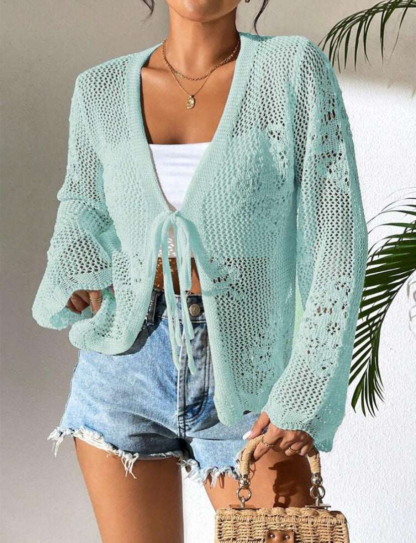 Strick-Cardigan mit Lochmuster und Schnürung – Ansicht 3