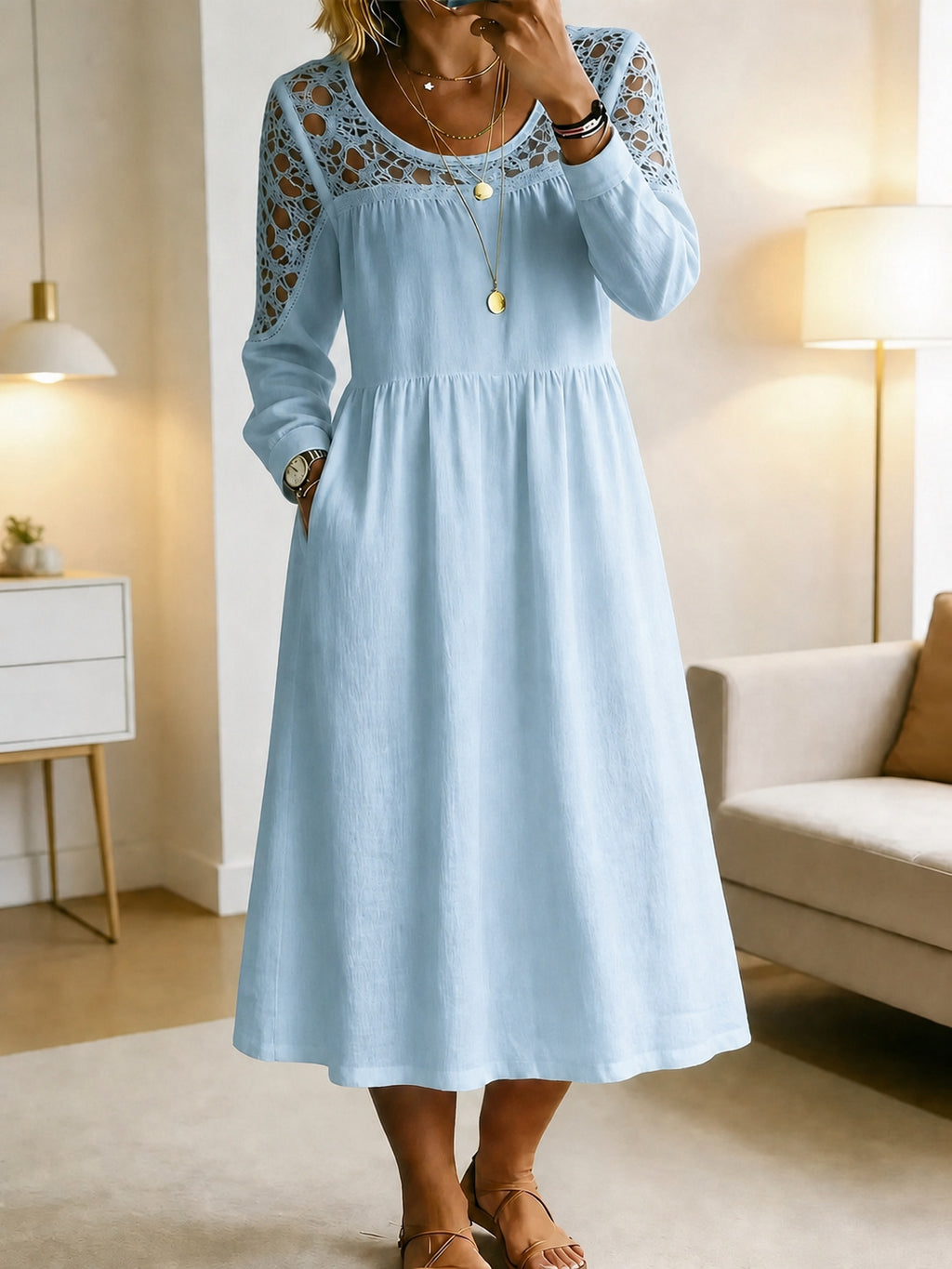 Besticktes A-Linien Midikleid aus Leinenmix – Bild 9 | LuxeStyle