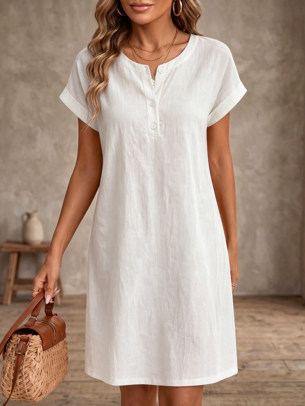 Loose Fit Midi-Kleid mit Rundhals und Knöpfen – Bild 10 | LuxeStyle
