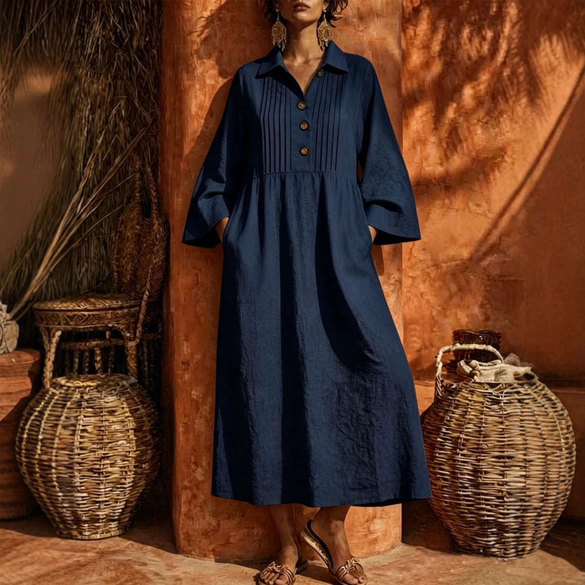 Langes V-Neck Freizeitkleid mit Knopfleiste – Bild 7 | LuxeStyle