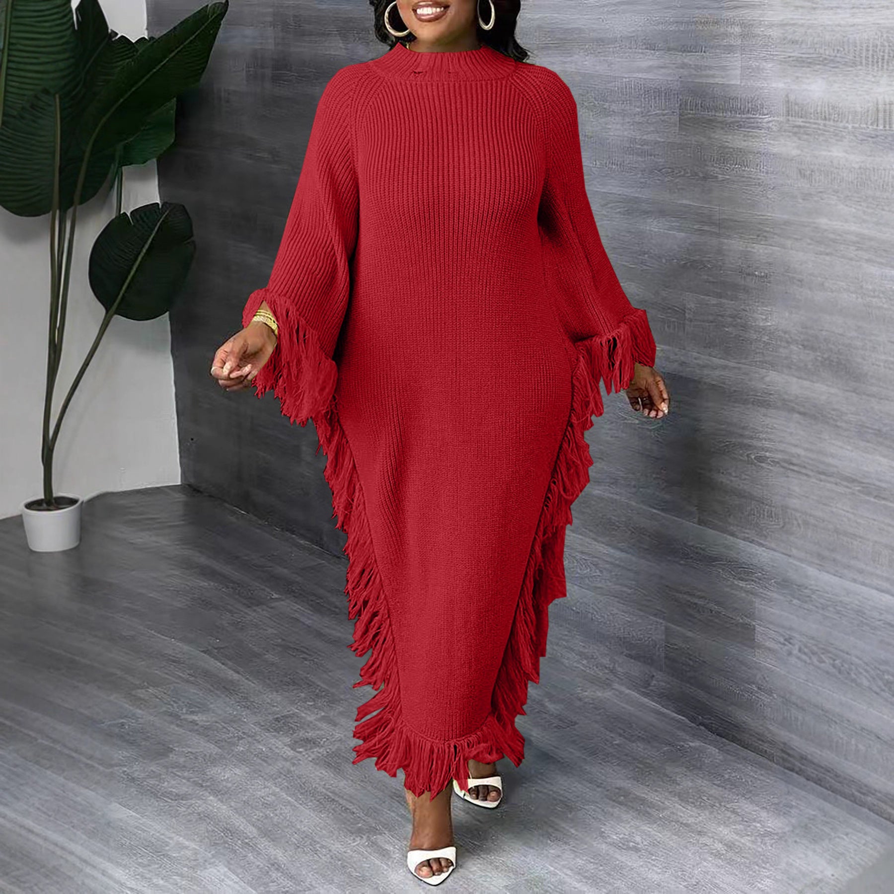 Casual Midi-Kleid mit Quasten und Raglanärmeln