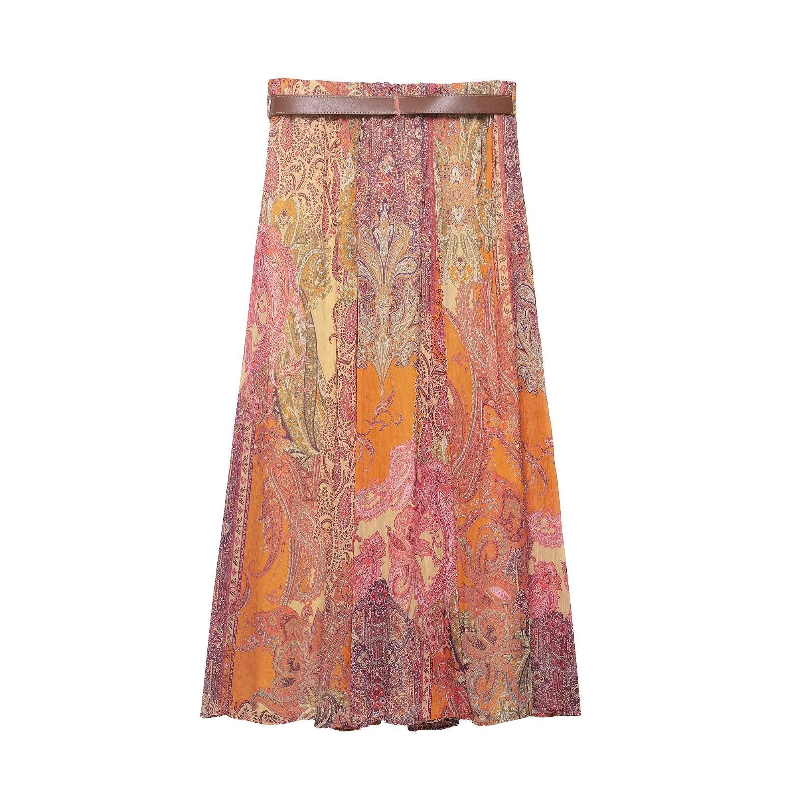 Damen Midi-Rock mit Print und Gürtel