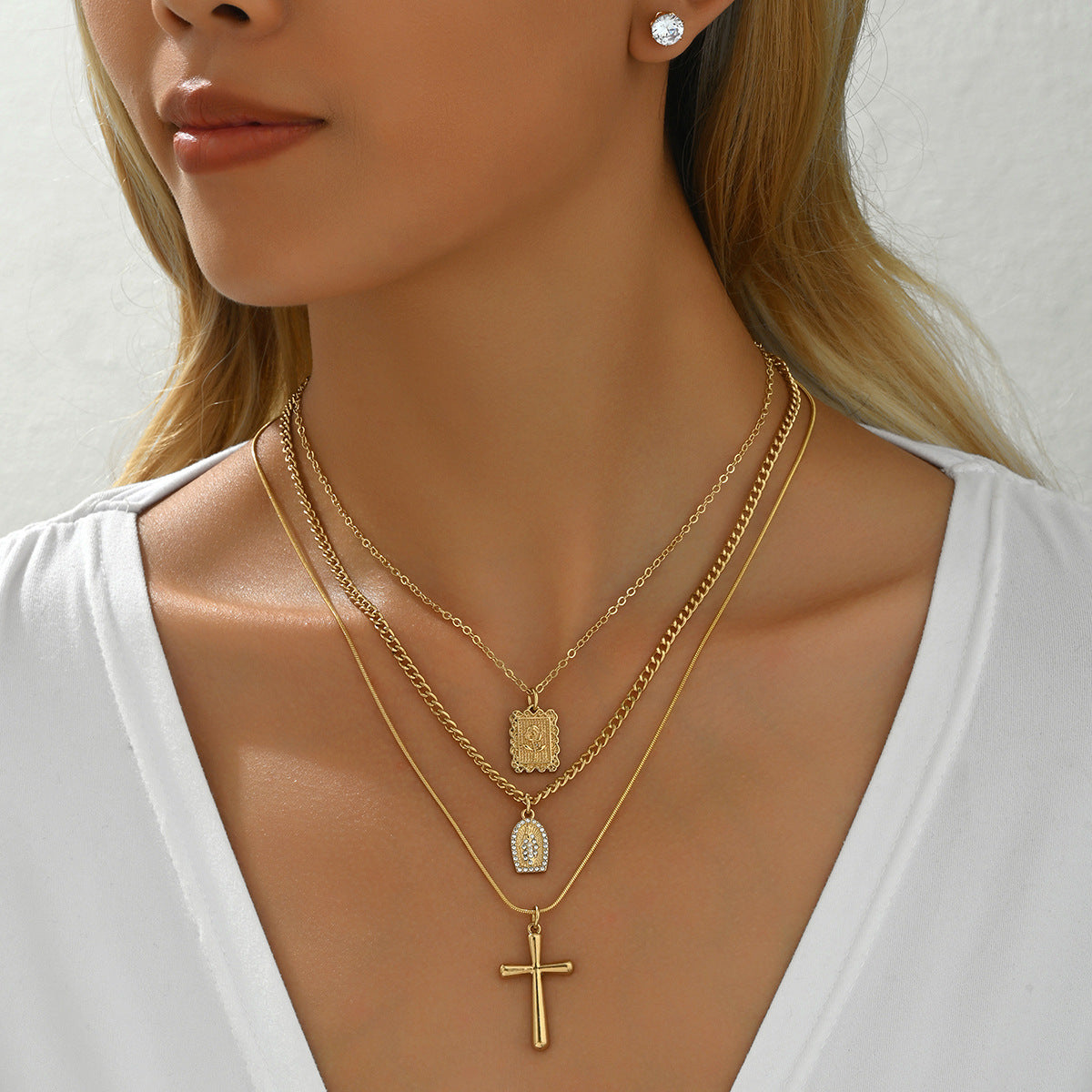 Kreuz-Mehrschicht Halskette & Ohrschmuck