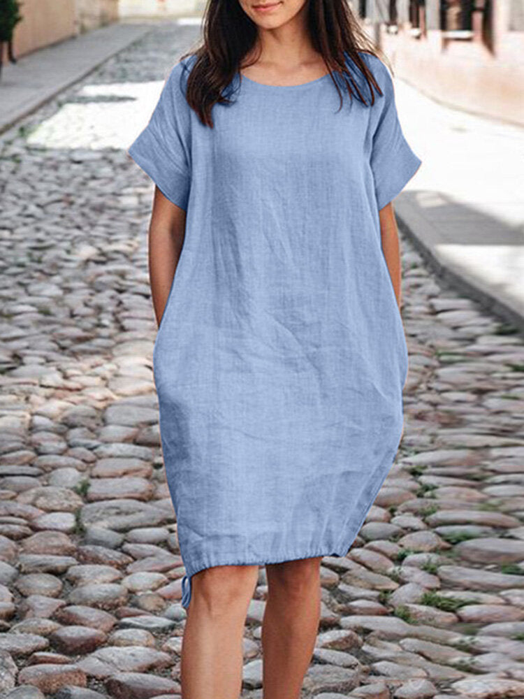 Loose-fit Baumwoll-Leinen Kleid mit kurzen Ärmeln – Bild 6 | LuxeStyle