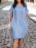 Loose-fit Baumwoll-Leinen Kleid mit kurzen Ärmeln – Bild 9 | LuxeStyle