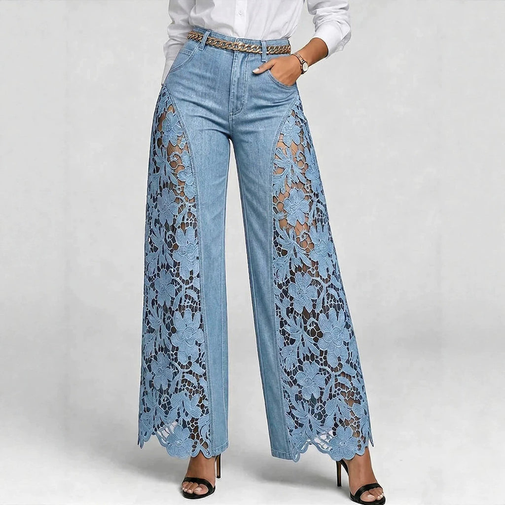 Hochtaillierte Weitbeine Damen Jeans mit Spitzenpaneelen