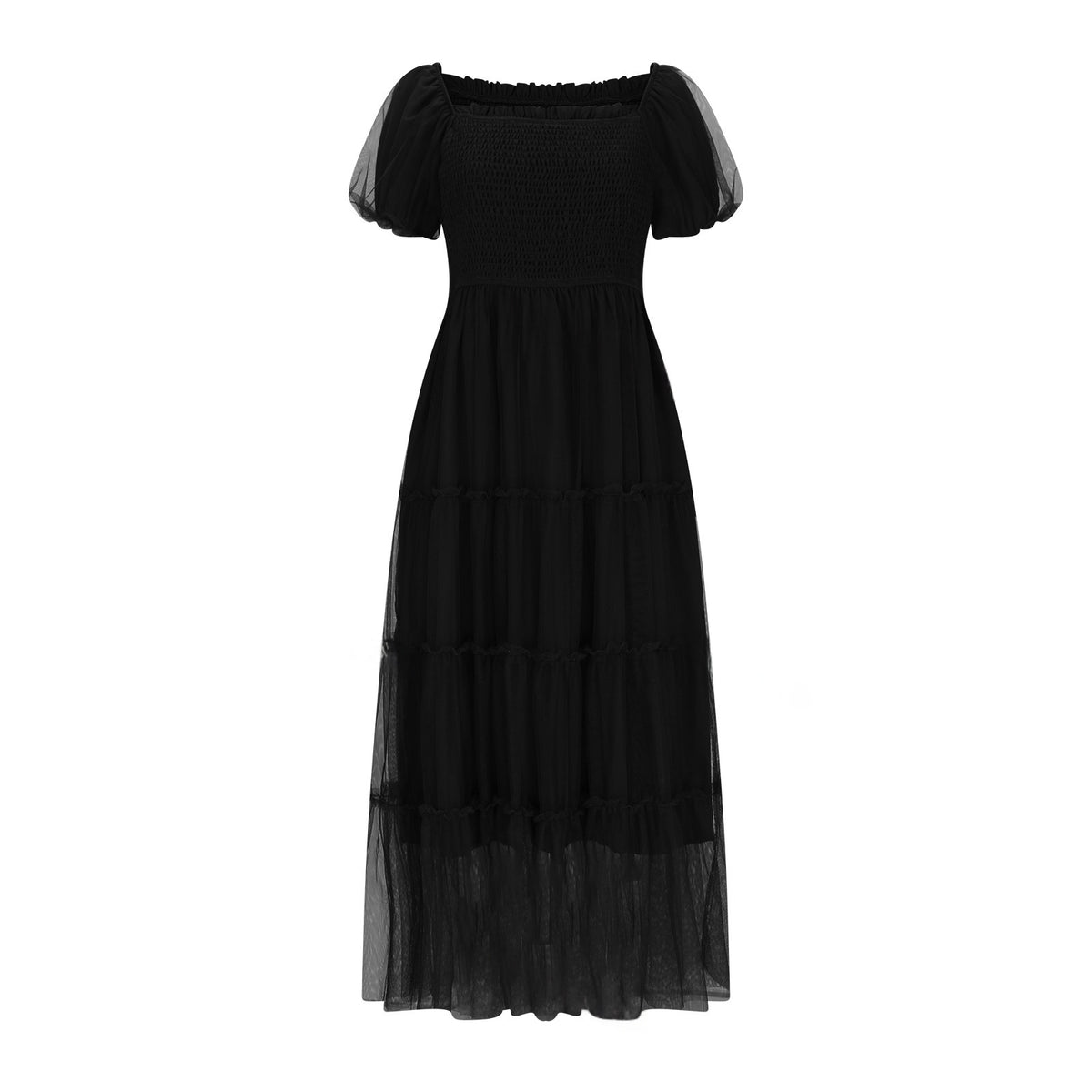 Gerüschtes langes Mesh-Kleid mit eckigem Ausschnitt – Bild 9 | LuxeStyle