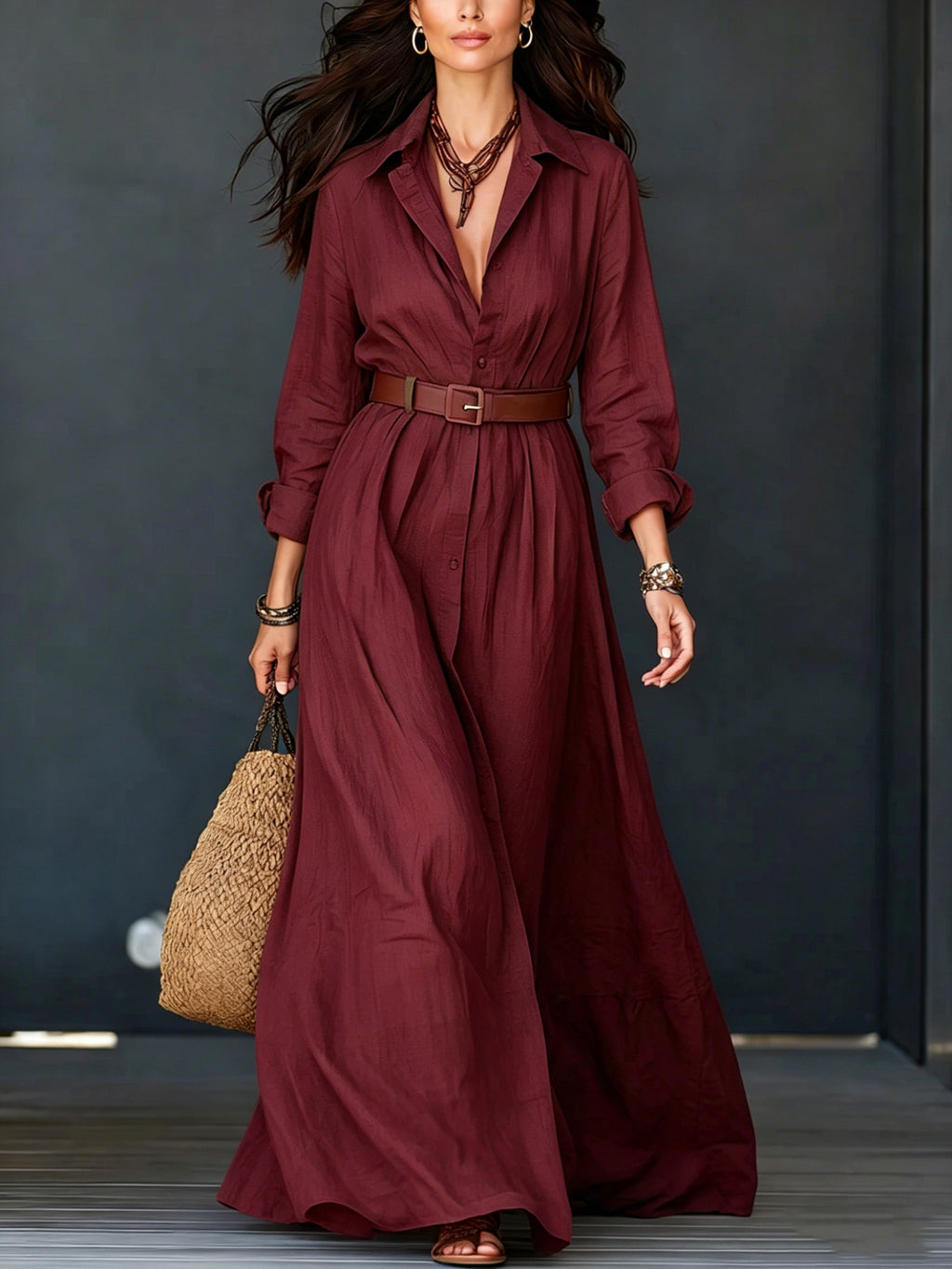 Langarm-Kleid mit Taillengürtel, elegant, lang, für Urlaub
