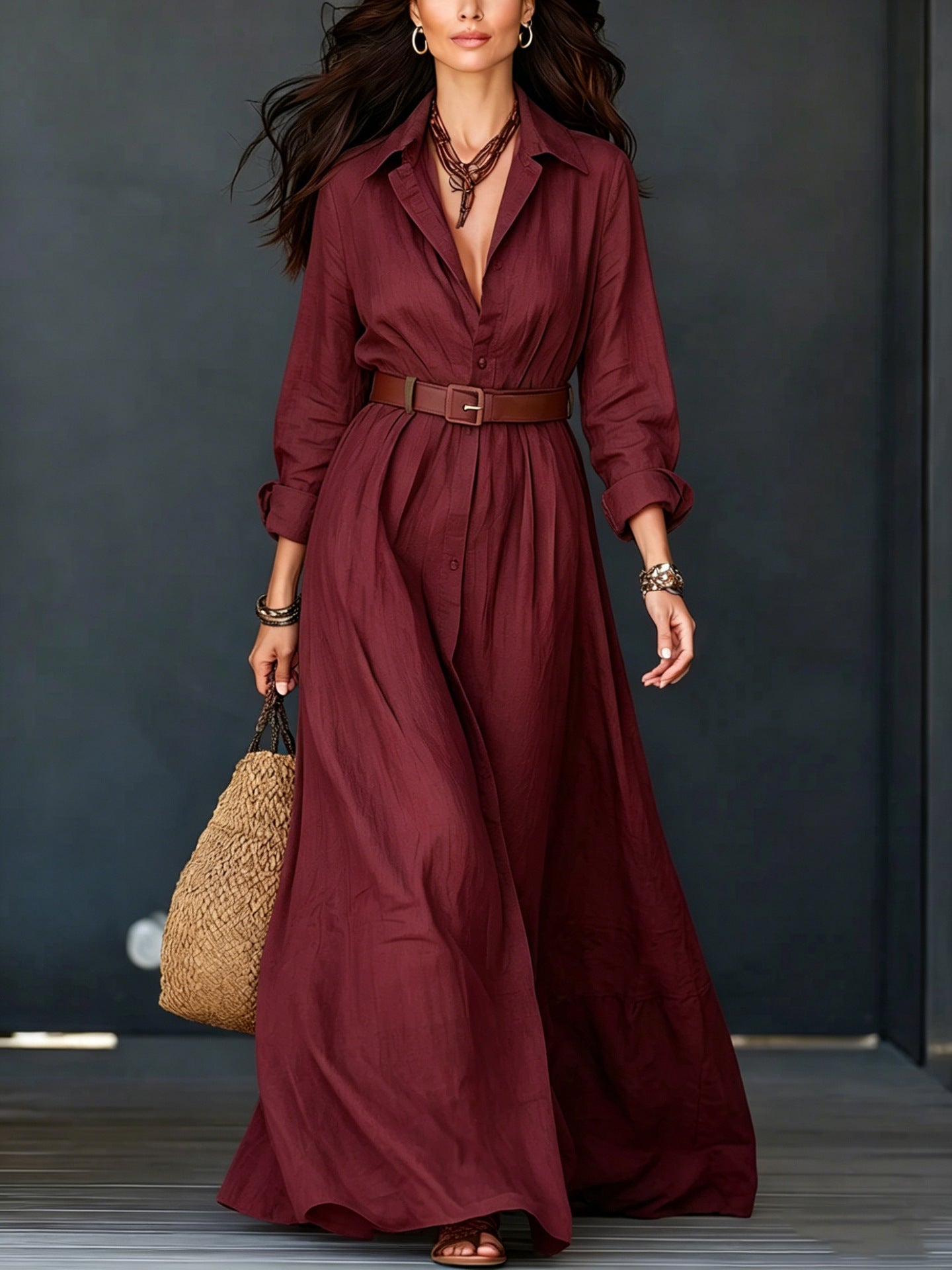 Langarm-Kleid mit Taillengürtel, elegant, lang, für Urlaub