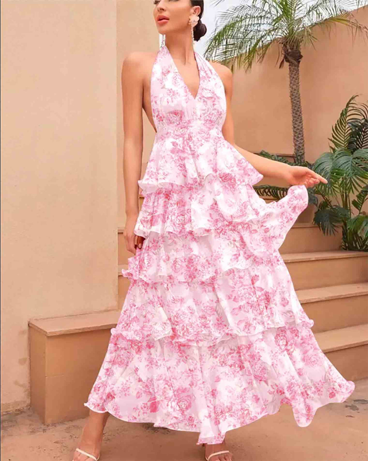Damen V-Ausschnitt Träger Mehrlagiges Bedrucktes Kleid – Bild 9 | LuxeStyle