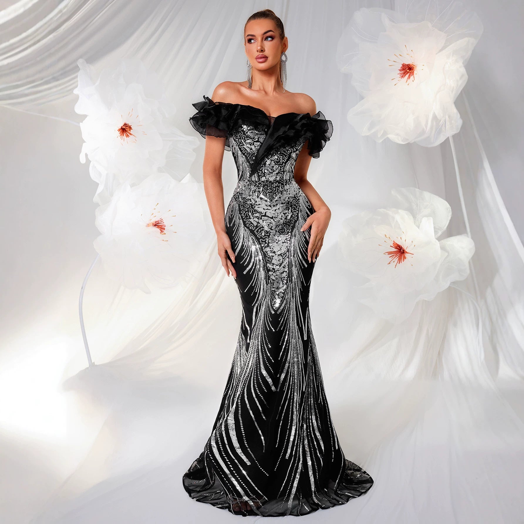Elegantes Off-Shoulder Fishtail-Kleid mit Rüschen