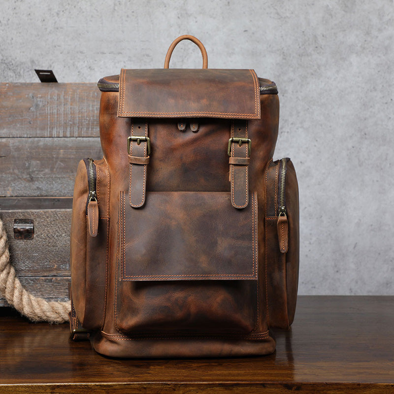 Grosser Vintage-Cowhide-Rucksack mit 16-Zoll-Laptopfach