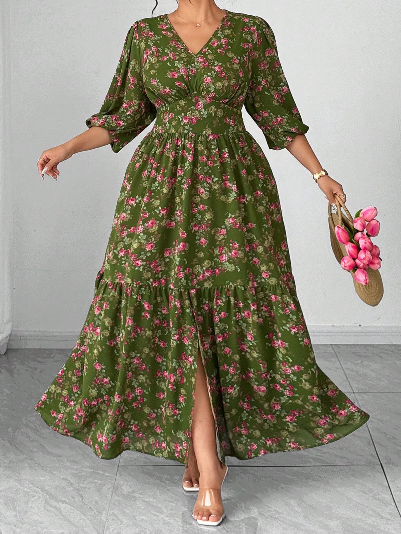 Elegantes V-Ausschnitt Midikleid mit Blumenmuster