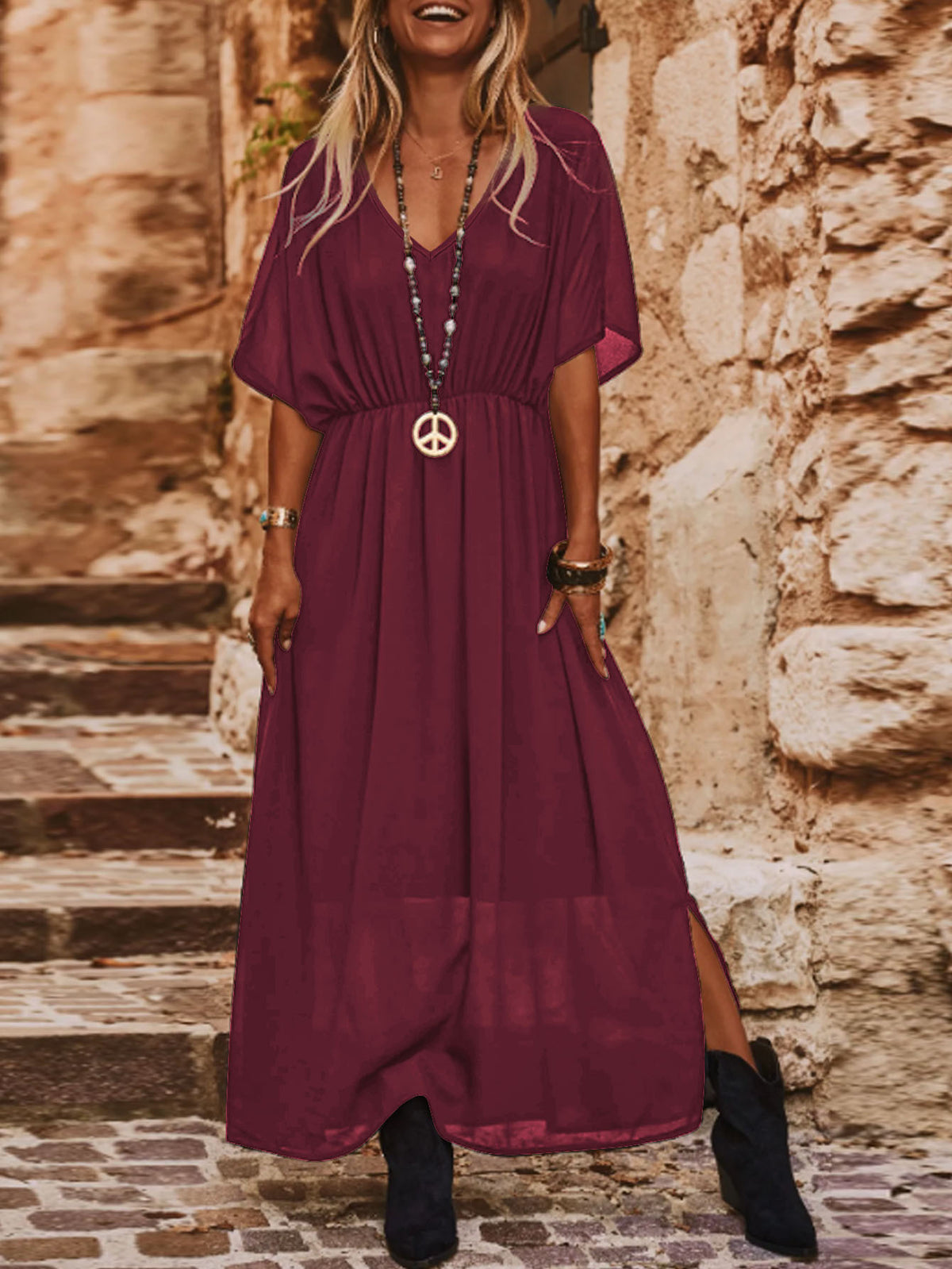 Elegantes V-Ausschnitt Chiffon-Kleid mit Schnürung – Bild 6 | LuxeStyle