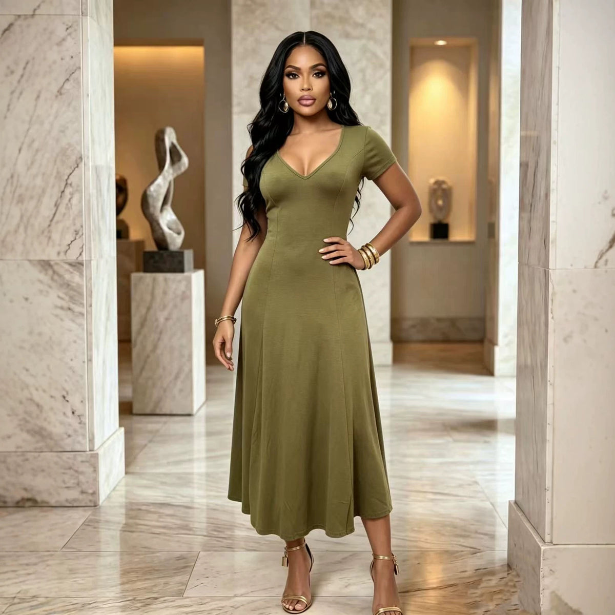 Elegantes V-Neck Maxikleid mit kurzen Ärmeln – Bild 6 | LuxeStyle
