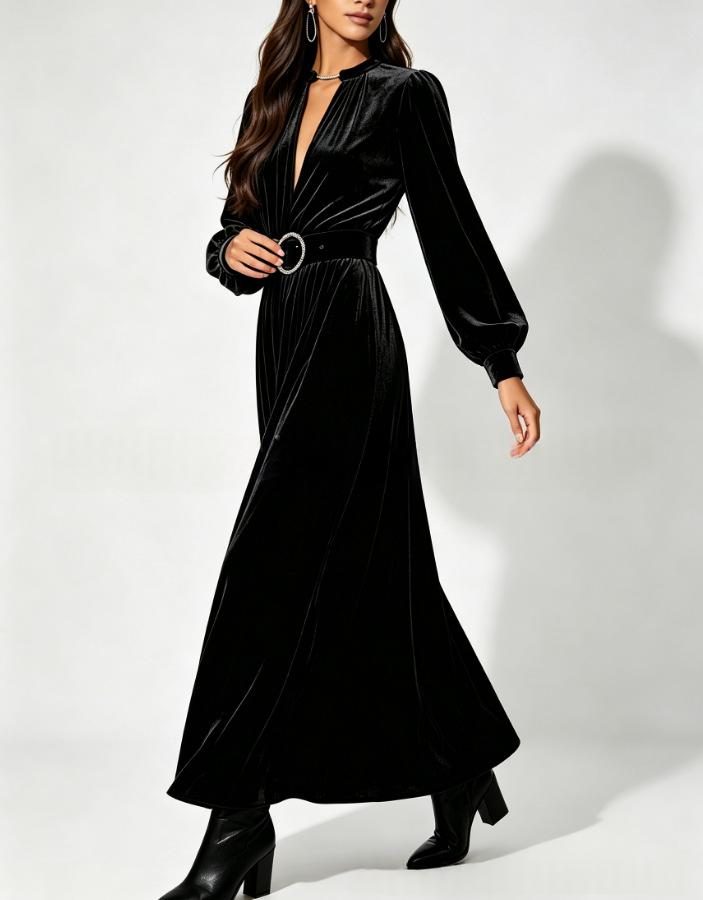 Velvet-Kleid mit V-Ausschnitt und Taillenbetonung