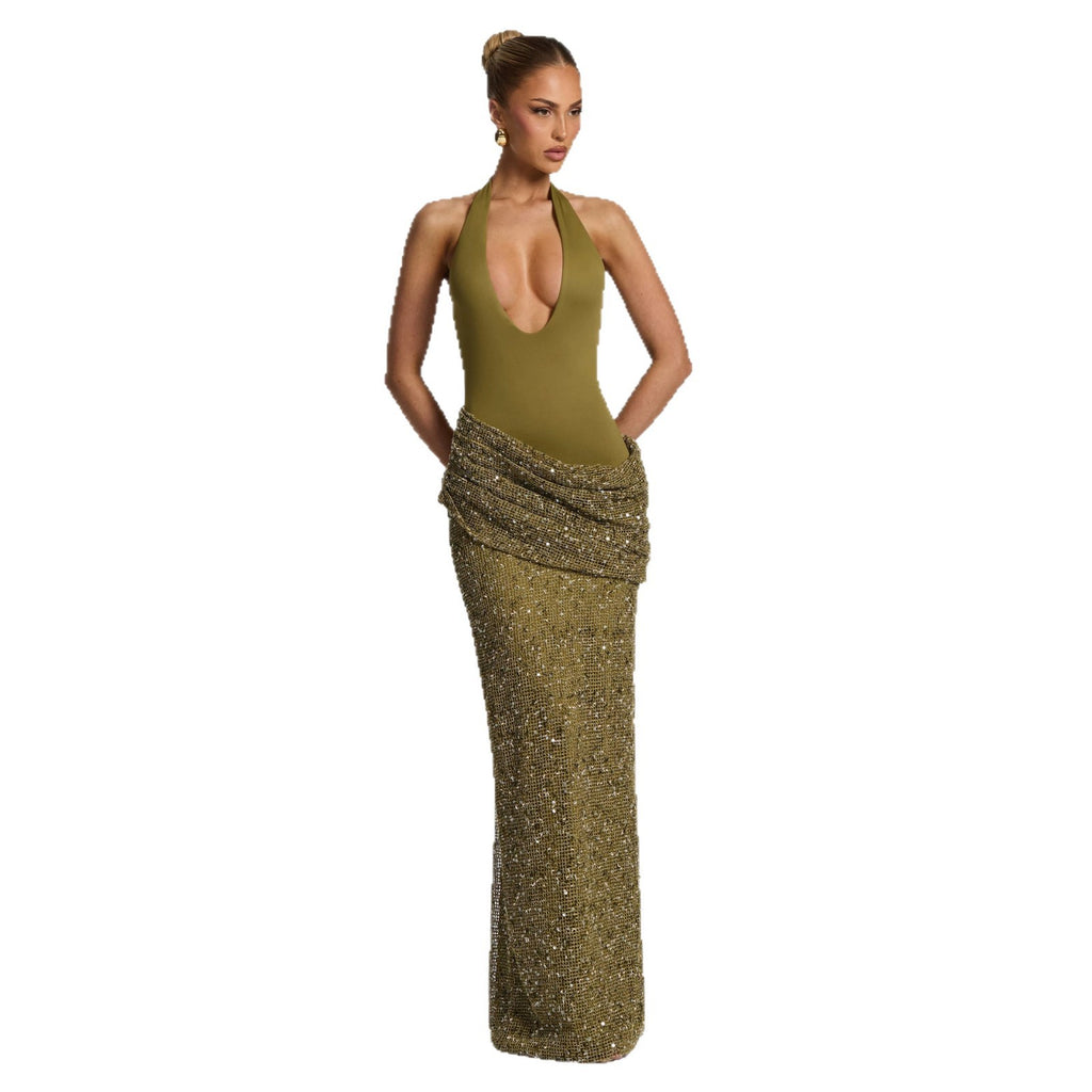 Pailletten Neckholder Maxikleid