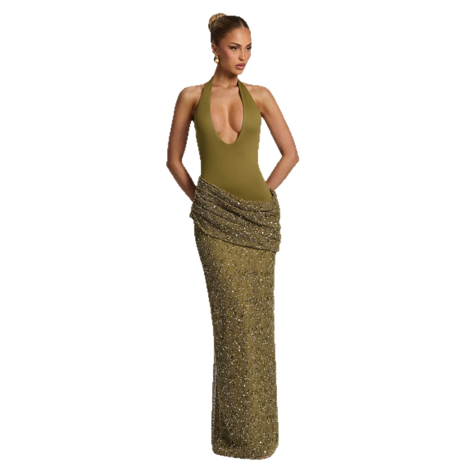 Pailletten Neckholder Maxikleid
