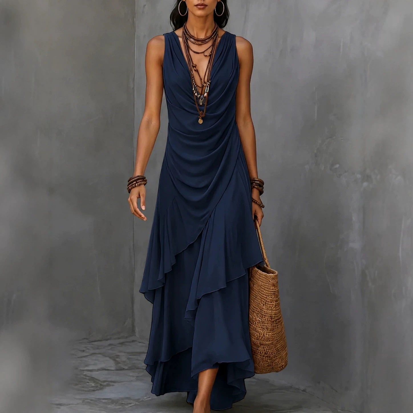 Ärmelloses V-Ausschnitt-Kleid mit Stufenrock