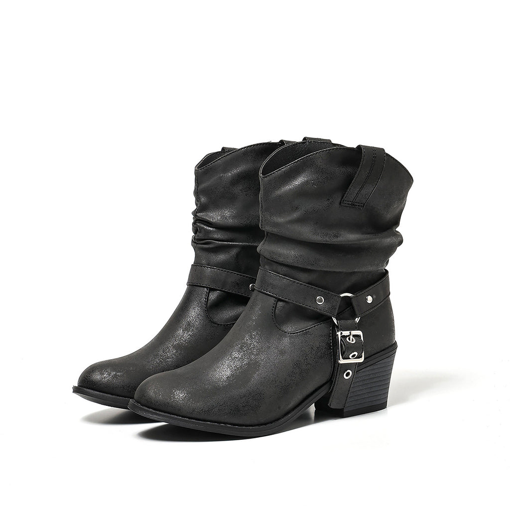 Bequeme Kniehoch-Boots mit Nietenriemen, massiven Absätzen und schlank