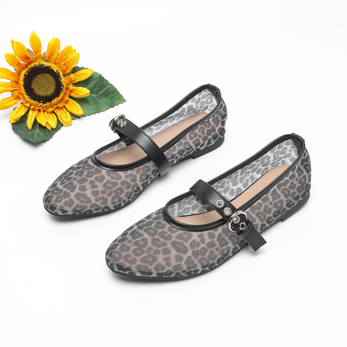 Leopard-Print Mesh Ballerinas