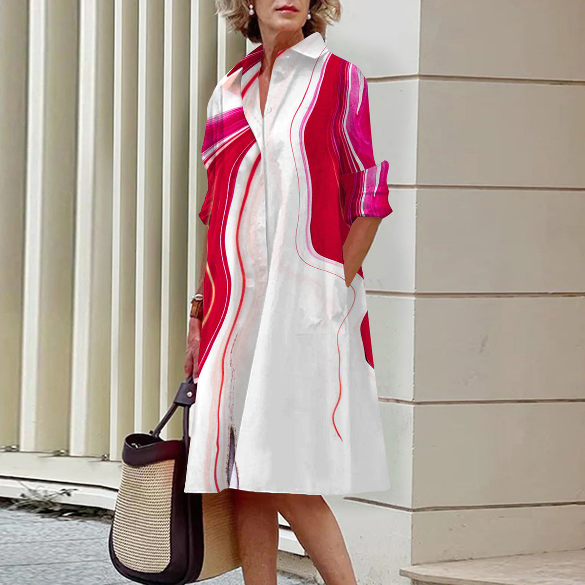Abstrakt gemustertes Langarm-Hemdblusenkleid | LuxeStyle