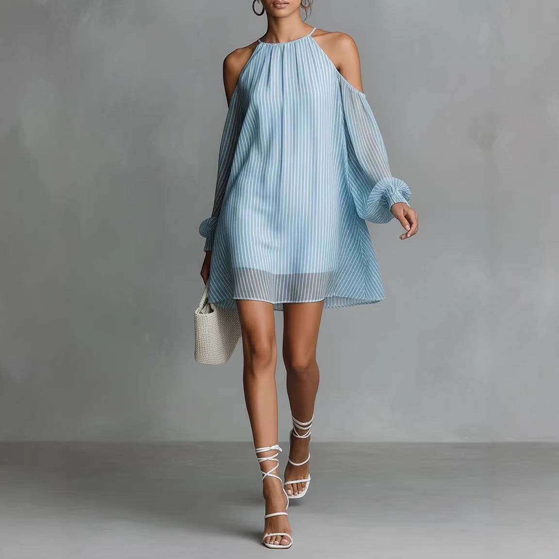 Off-Shoulder Gestreiftes Kurzarmkleid