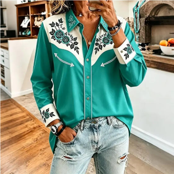 Damen bedrucktes Jeanshemd mit langen Ärmeln