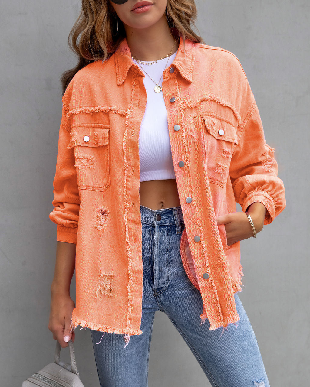 Fashion Ripped Shirt Jacket Damen