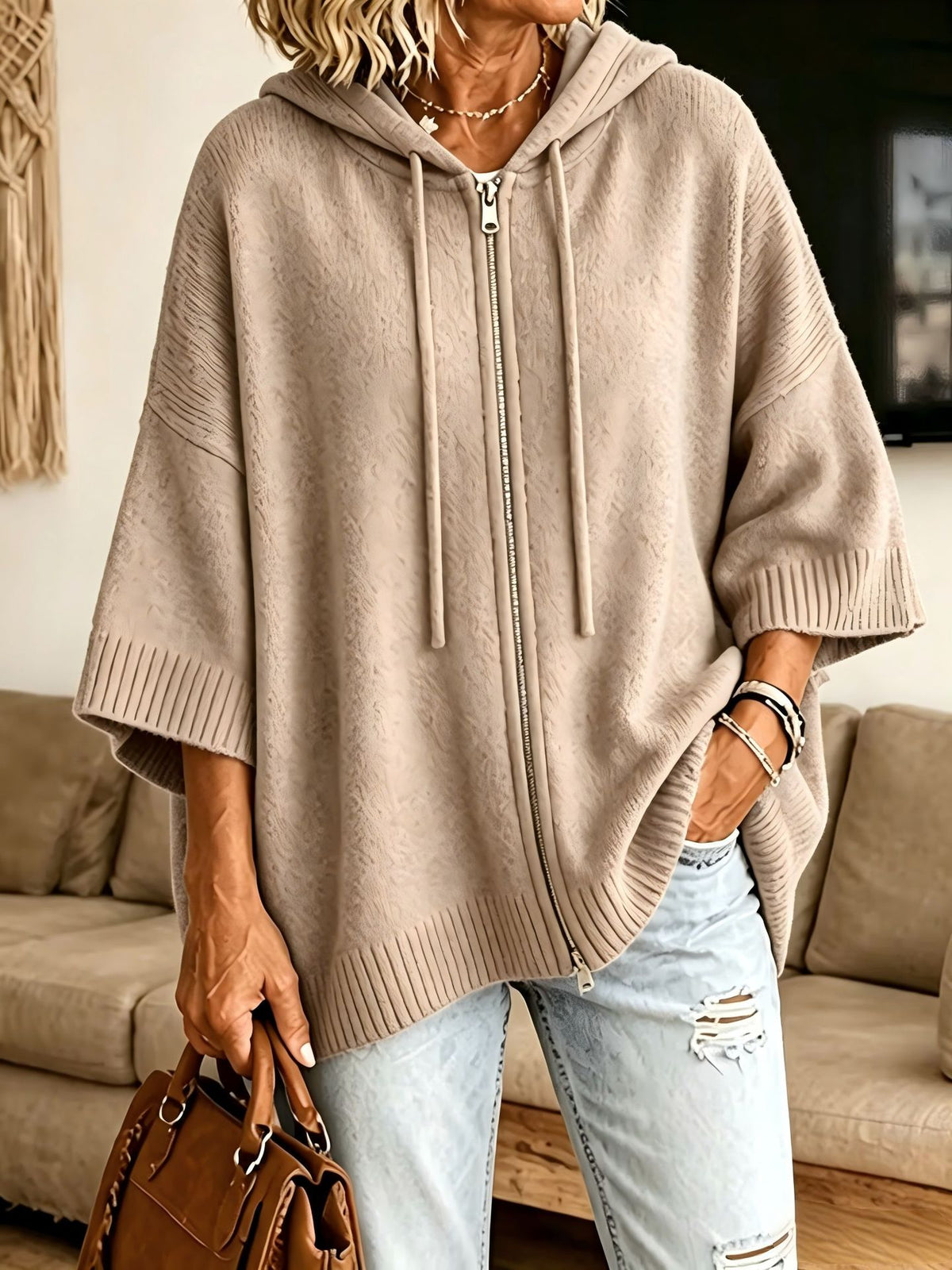 Hooded Cardigan Sweatshirt mit Fledermausärmeln – Bild 3 | LuxeStyle