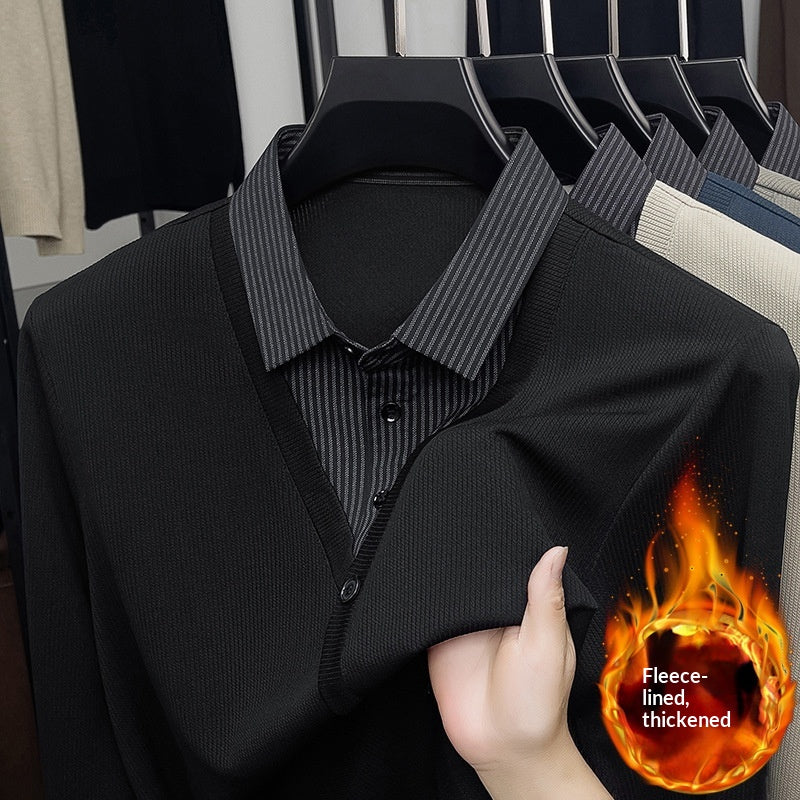 Fleece-gefülltes Langarm-Strickshirt mit Kragen – Bild 5 | LuxeStyle